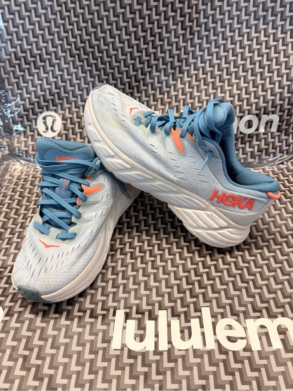 Hoka Light Blue and Coral Women's Running Sneakers